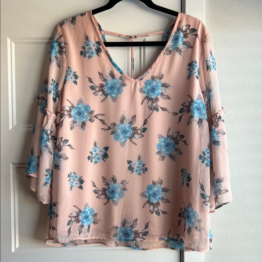 Floral V-Neck Blouse -‎ Pink and Blue